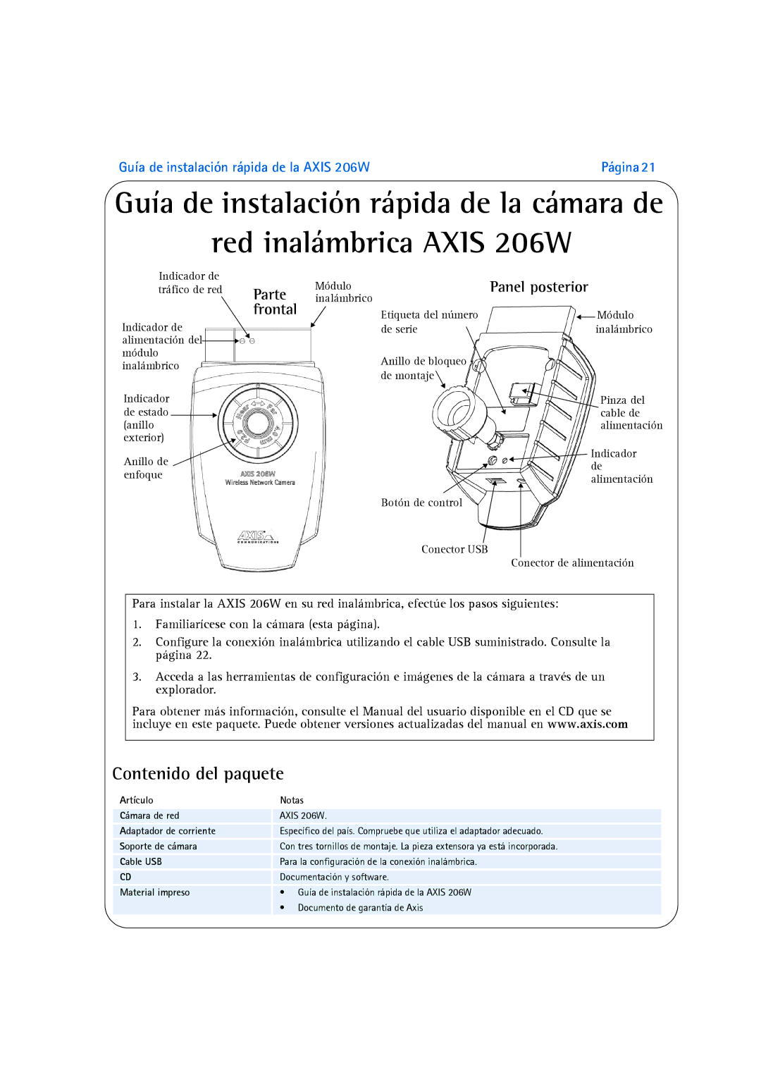 Axis Communications 206W manual Contenido del paquete, Panel posterior, Parte frontal 