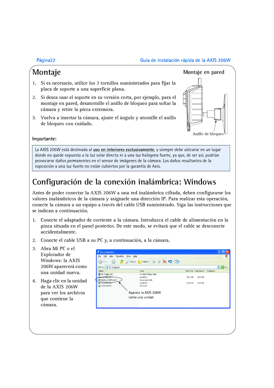 Axis Communications 206W manual Configuración de la conexión inalámbrica Windows, Montaje en pared, Importante 