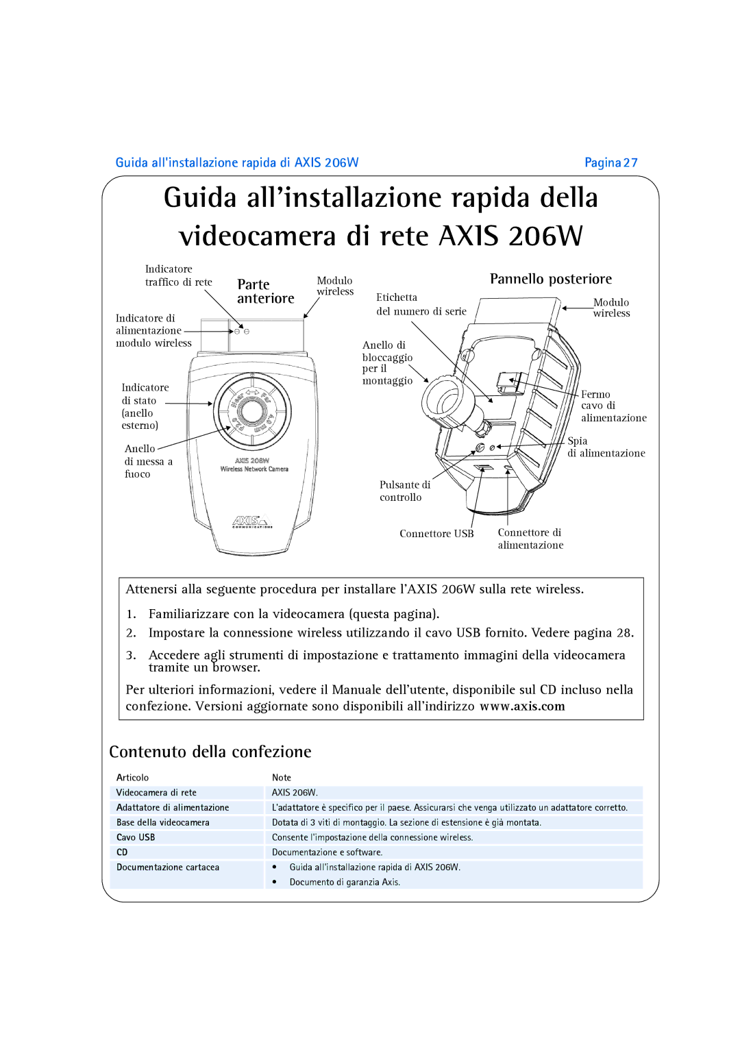 Axis Communications 206W manual Contenuto della confezione, Anteriore, Pannello posteriore 