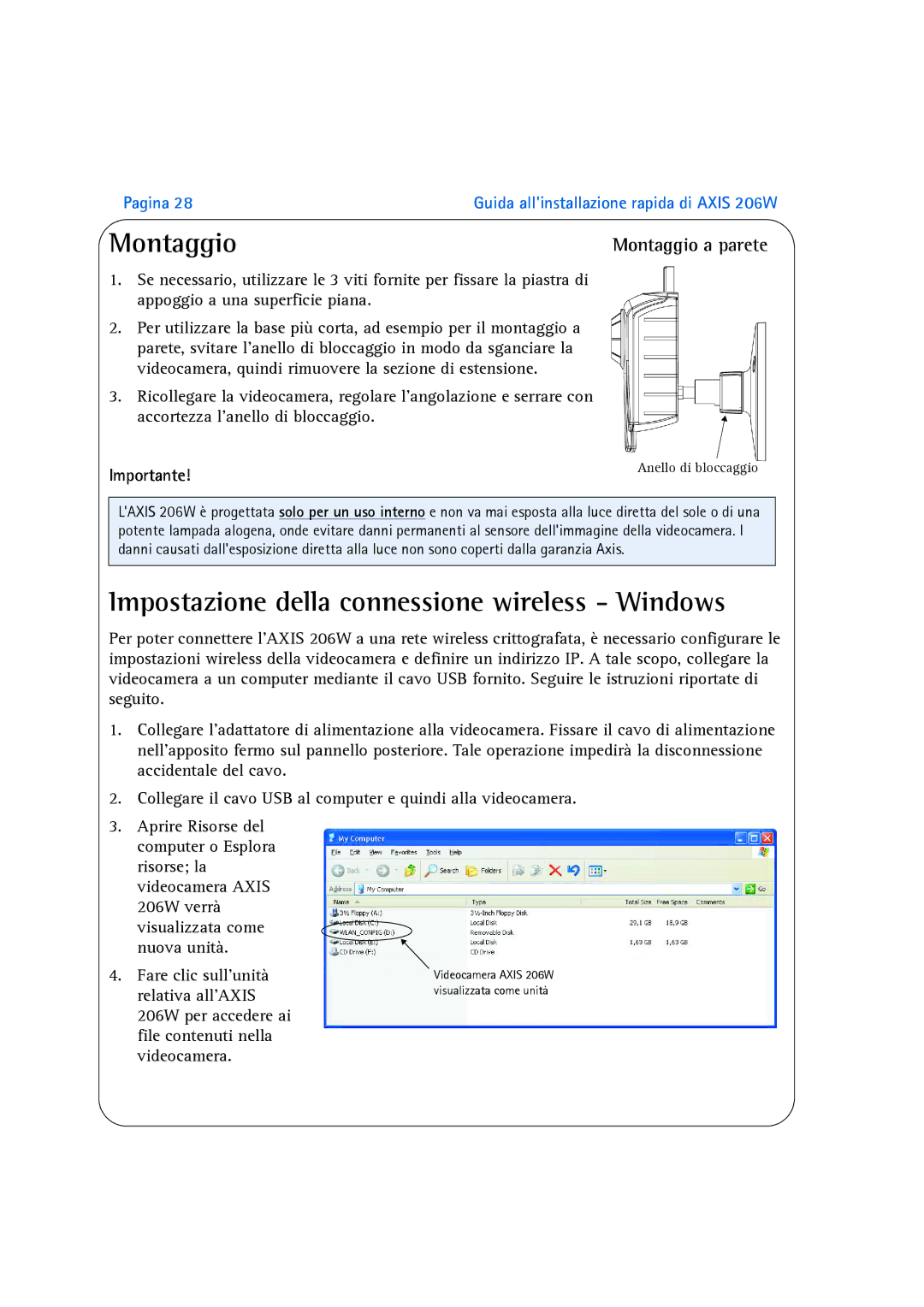 Axis Communications 206W manual Impostazione della connessione wireless Windows, Montaggio a parete 