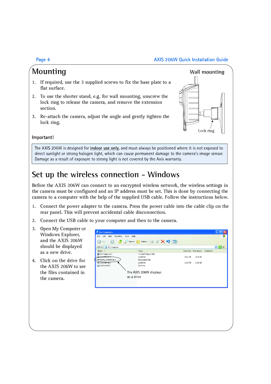 Axis Communications 206W manual Mounting, Set up the wireless connection Windows, Wall mounting 