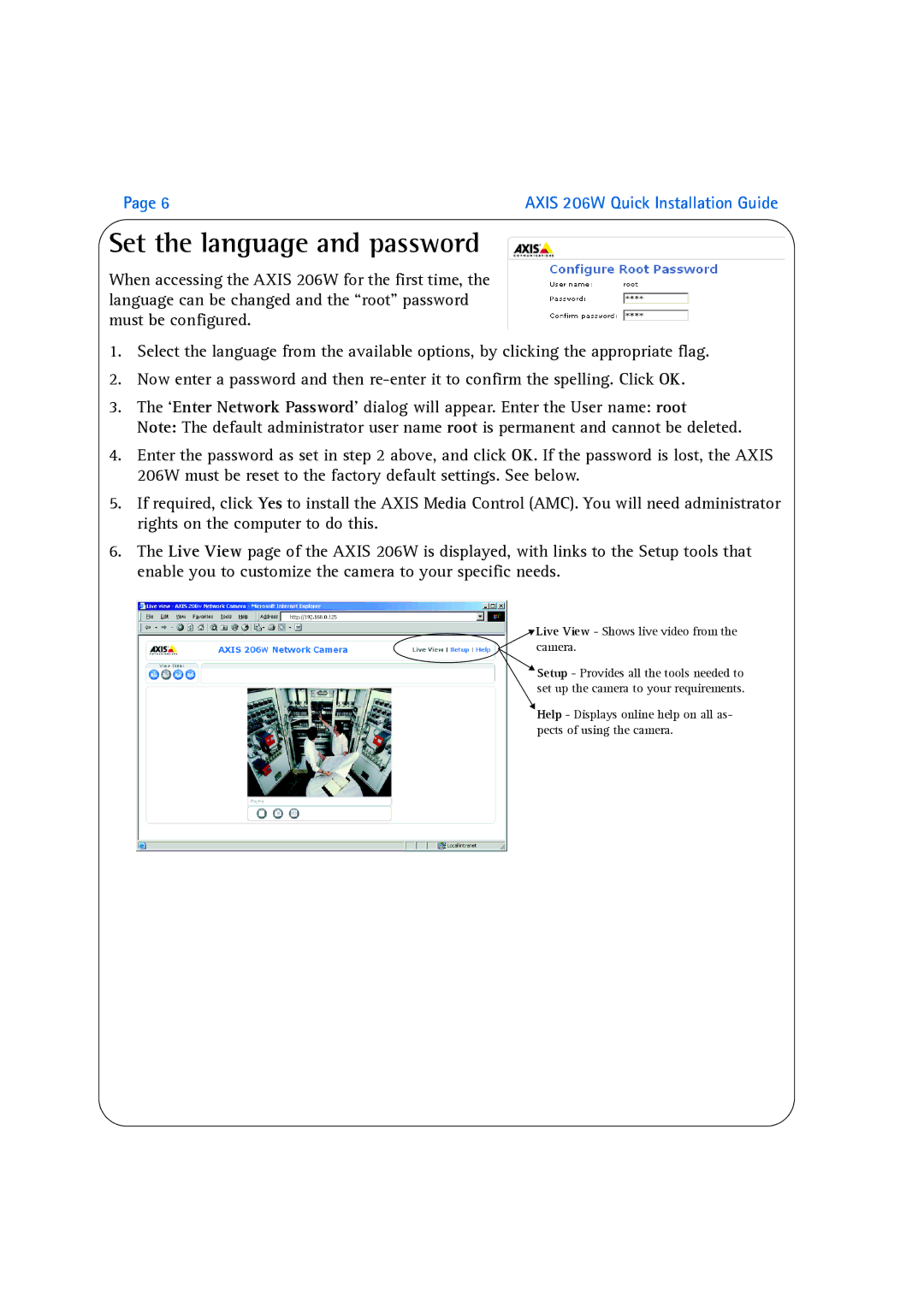 Axis Communications 206W manual Set the language and password 