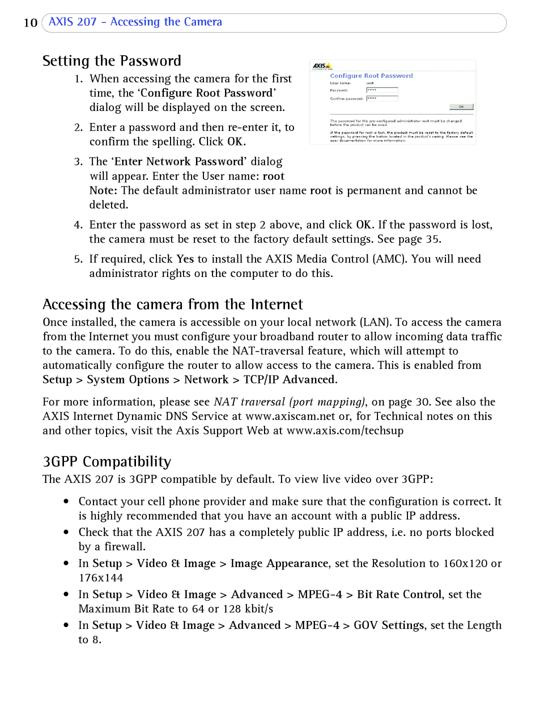 Axis Communications 207 user manual Setting the Password, Accessing the camera from the Internet, 3GPP Compatibility 