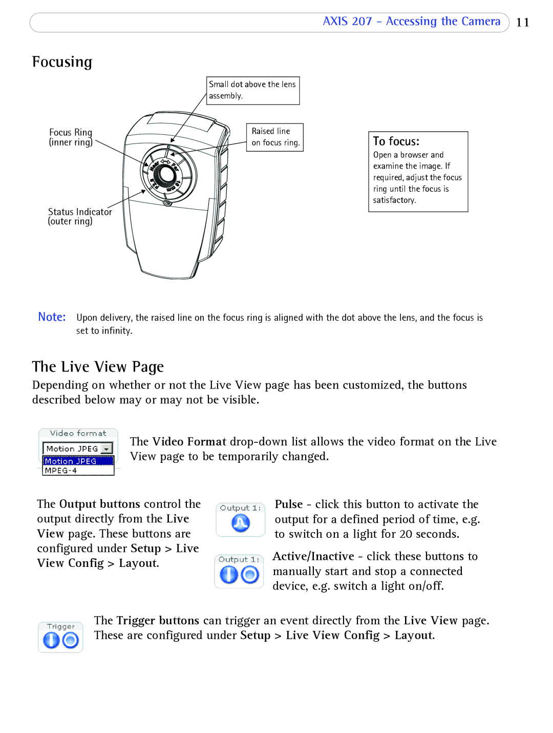 Axis Communications 207 user manual Focusing, Live View, To focus 