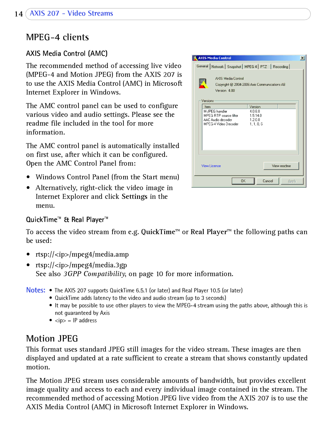 Axis Communications 207 user manual MPEG-4 clients, Motion Jpeg, Axis Media Control AMC, QuickTime & Real Player 