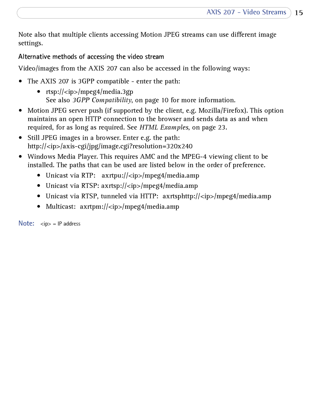 Axis Communications 207 user manual Alternative methods of accessing the video stream 