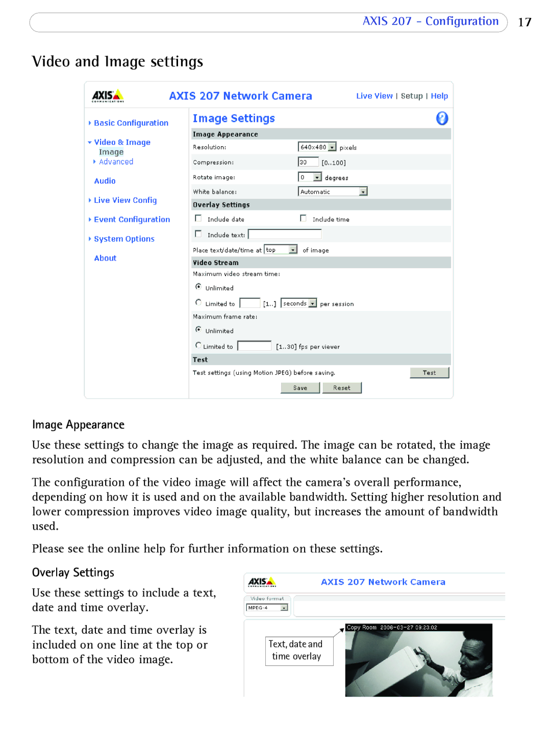 Axis Communications 207 user manual Video and Image settings, Image Appearance, Overlay Settings 