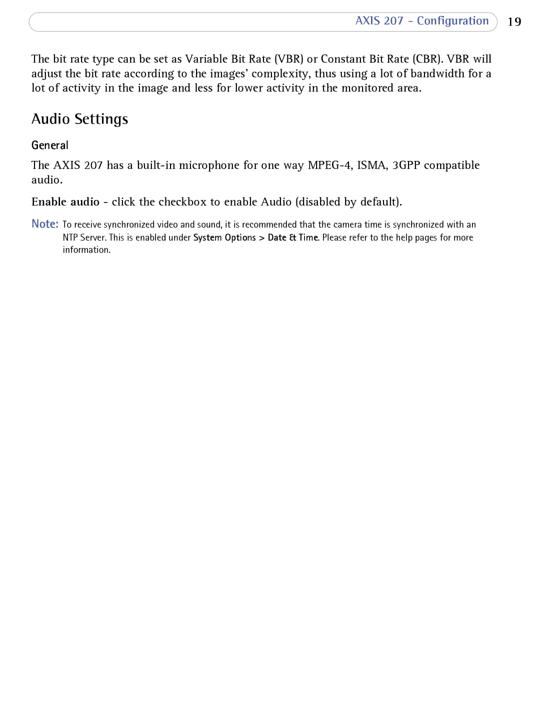 Axis Communications 207 user manual Audio Settings, General 