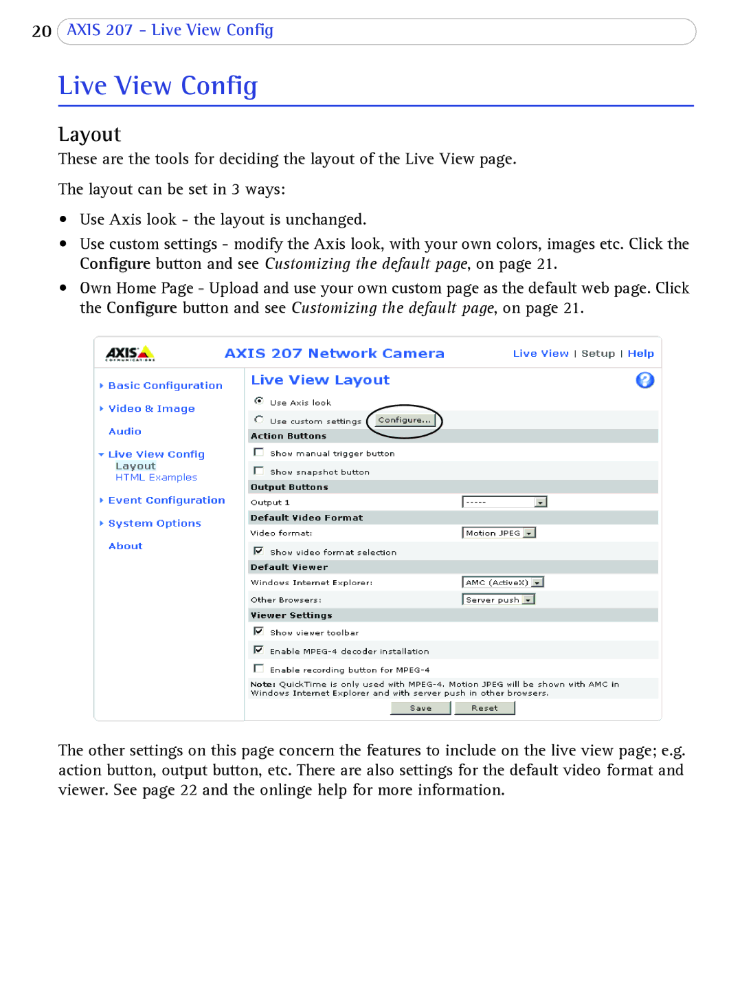 Axis Communications 207 user manual Live View Config, Layout 