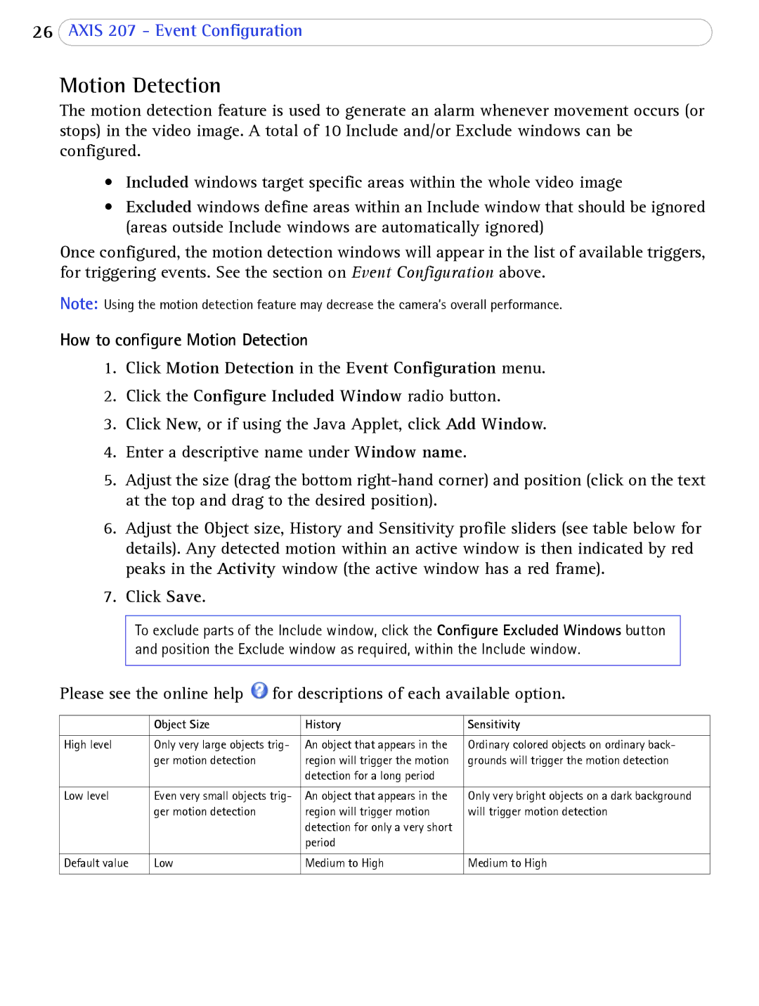 Axis Communications 207 user manual Motion Detection, Object Size History Sensitivity 