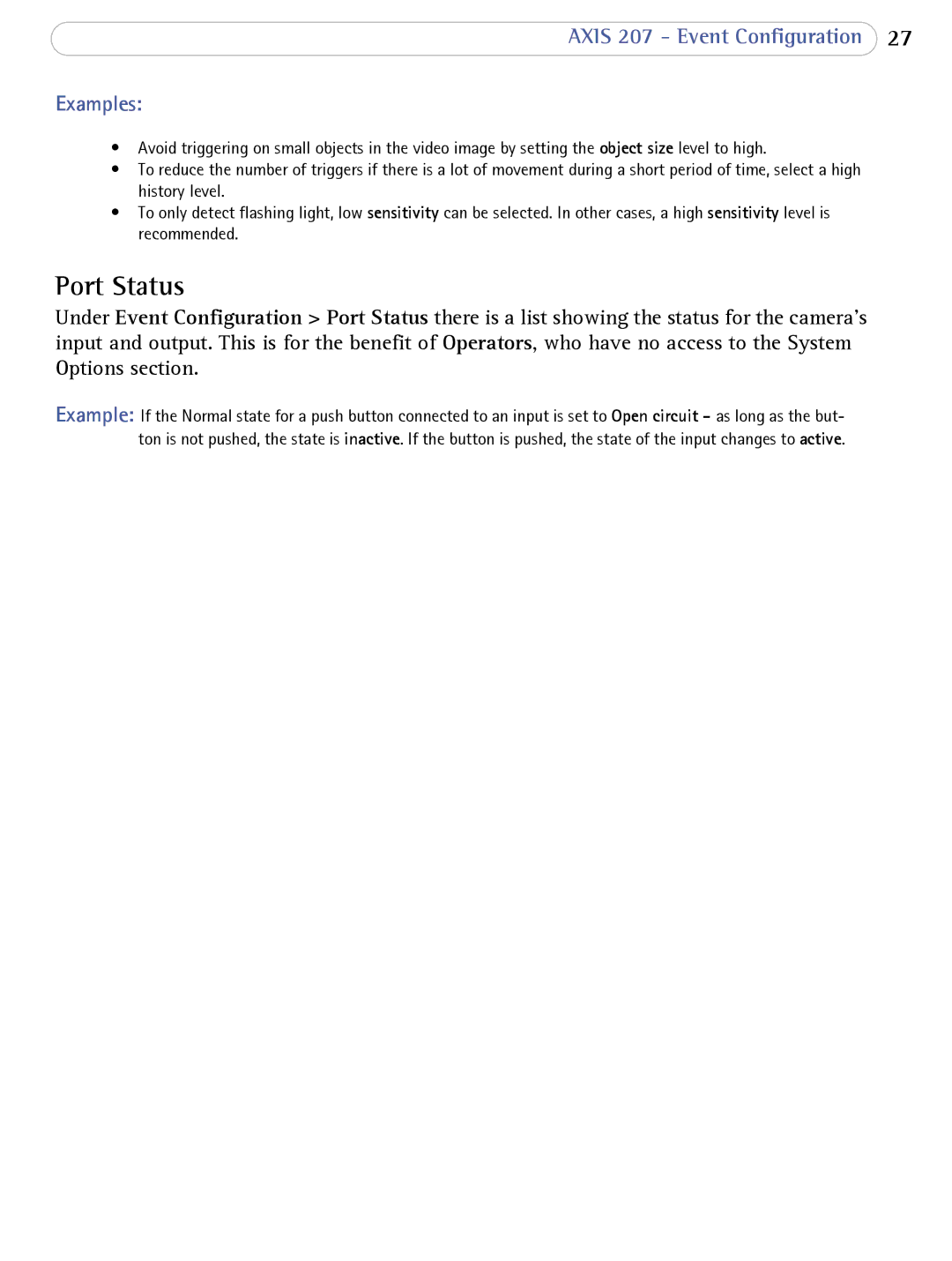 Axis Communications user manual Port Status, Axis 207 Event Configuration Examples 