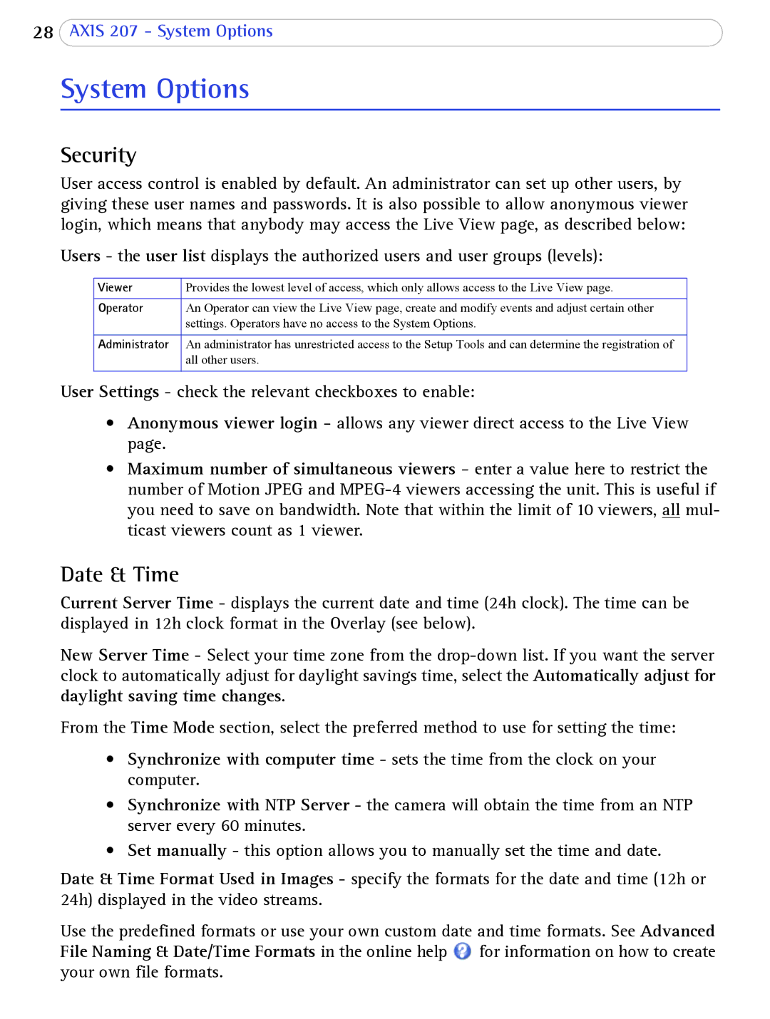 Axis Communications 207 user manual System Options, Security, Date & Time, Operator 