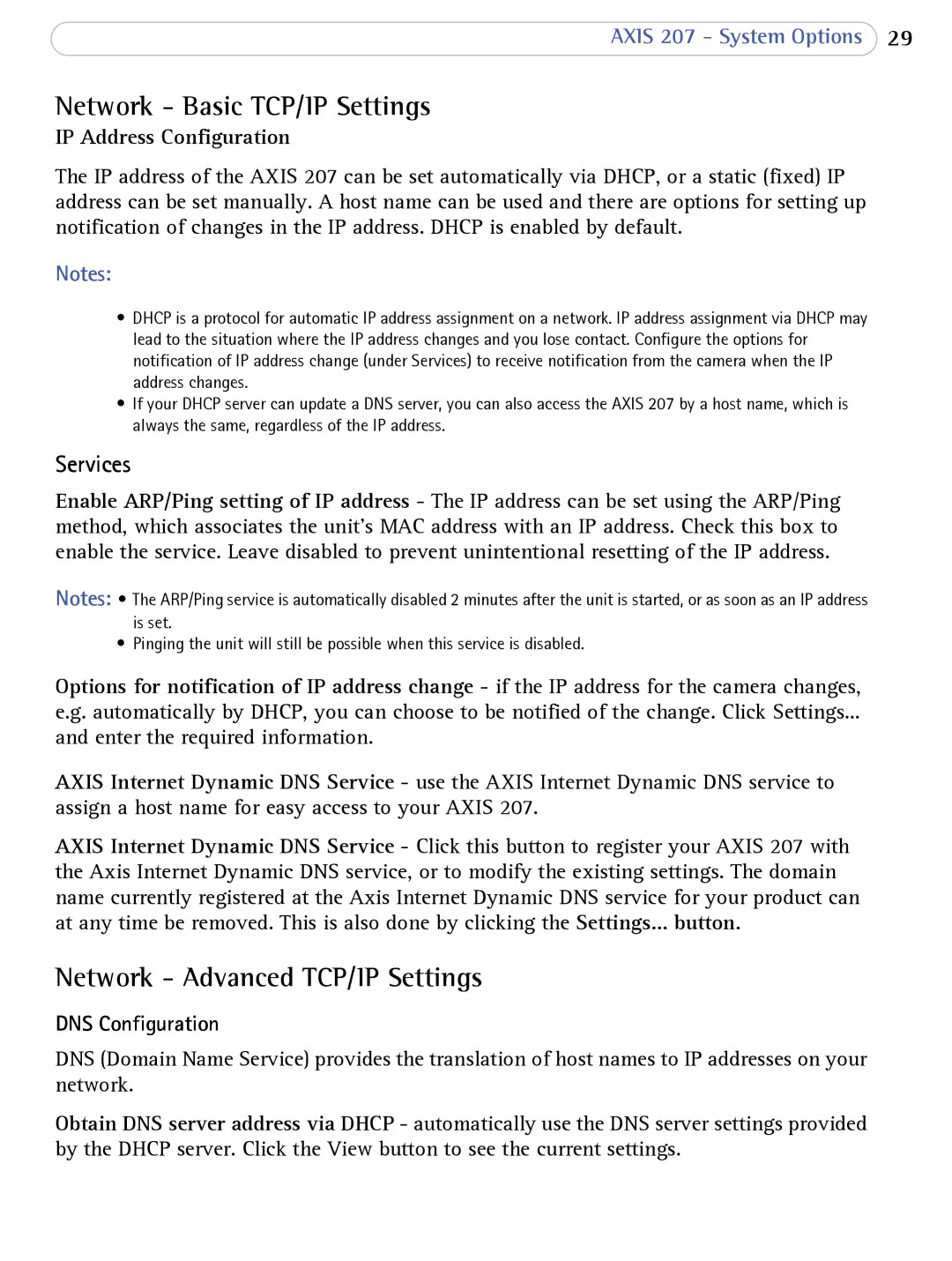 Axis Communications 207 Network Basic TCP/IP Settings, Network Advanced TCP/IP Settings, IP Address Configuration 