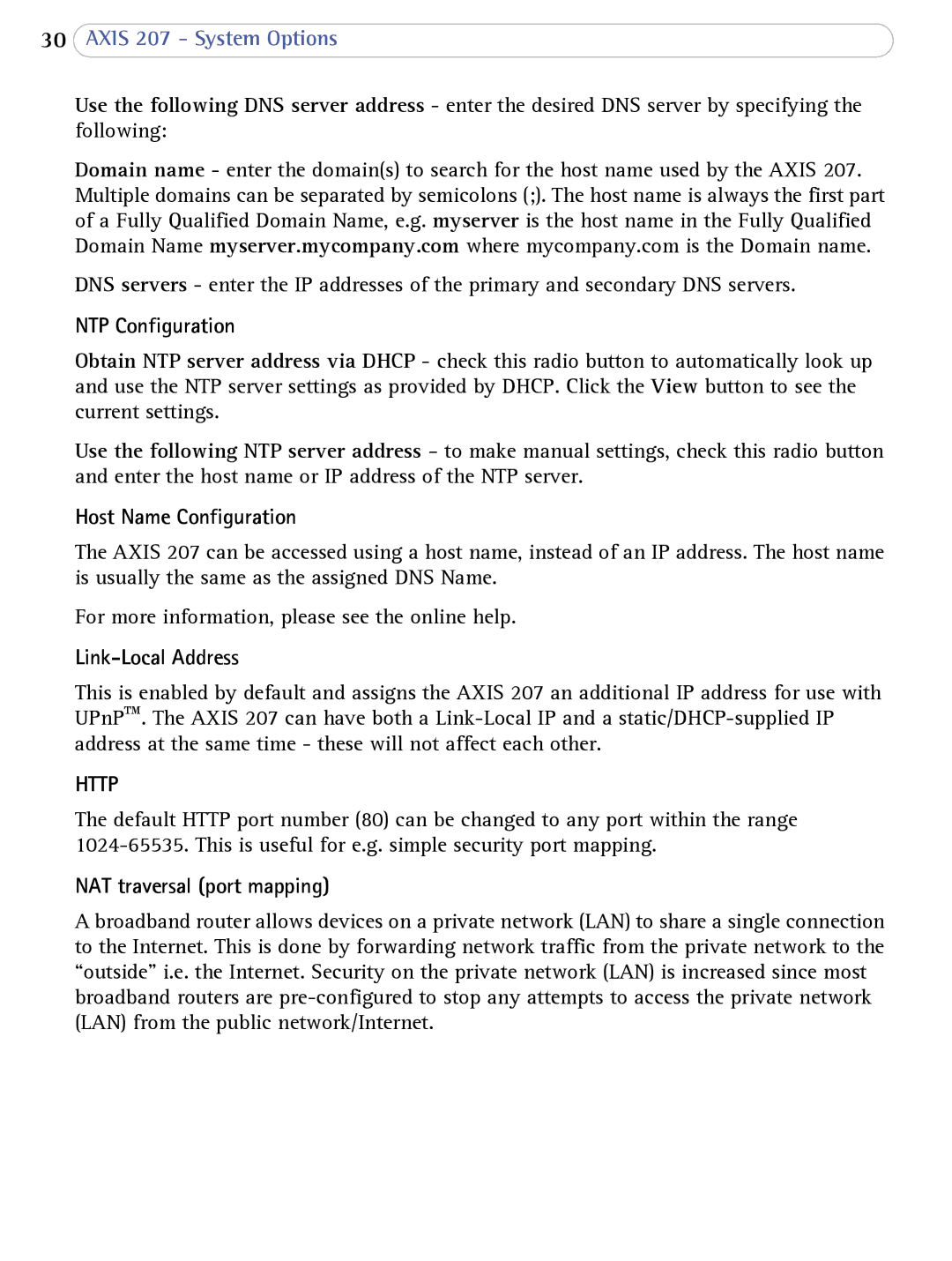 Axis Communications 207 NTP Configuration, Host Name Configuration, Link-Local Address, NAT traversal port mapping 