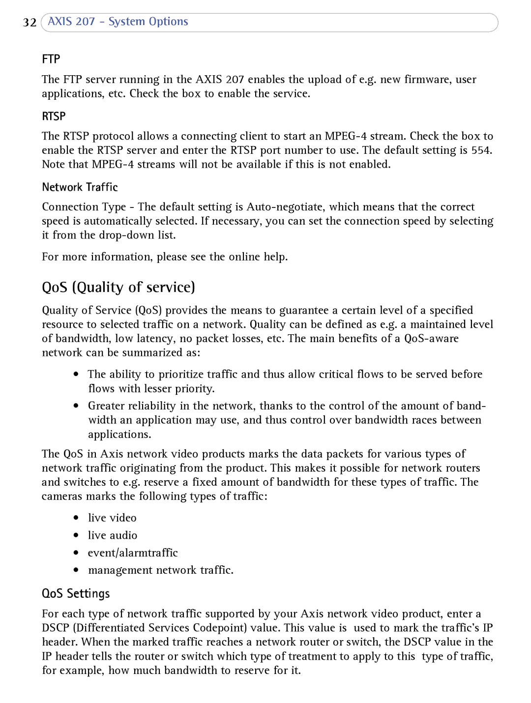 Axis Communications 207 user manual QoS Quality of service, Network Traffic 