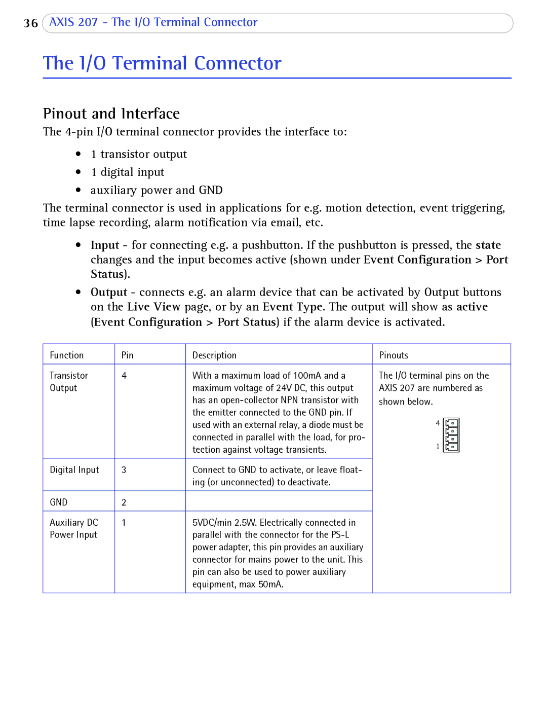 Axis Communications 207 user manual I/O Terminal Connector, Pinout and Interface 