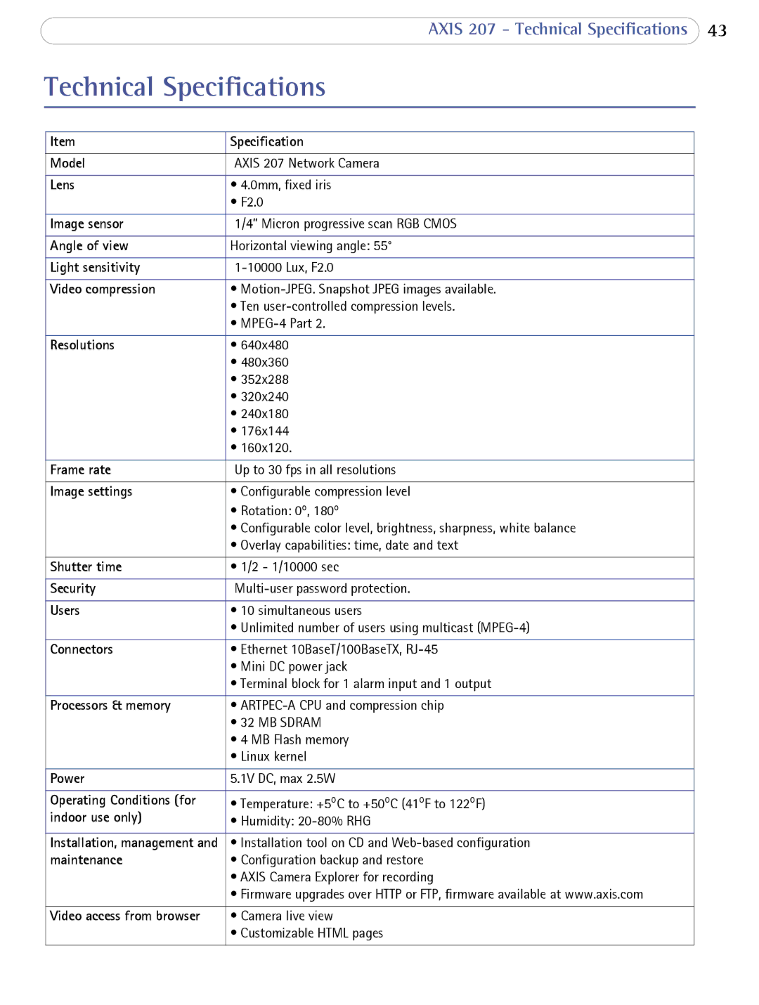 Axis Communications 207 user manual Technical Specifications, Video compression 