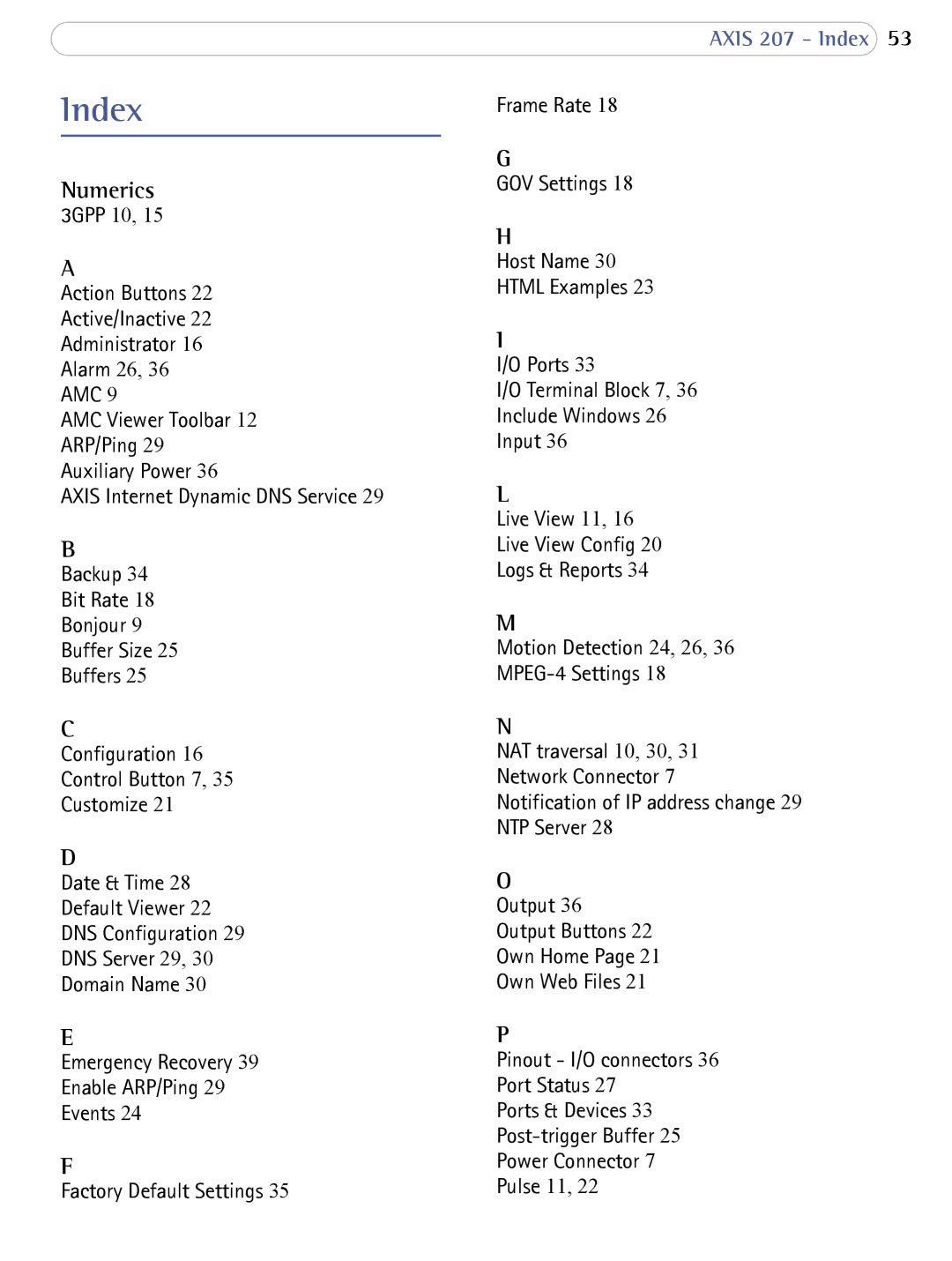 Axis Communications 207 user manual Index, Numerics 