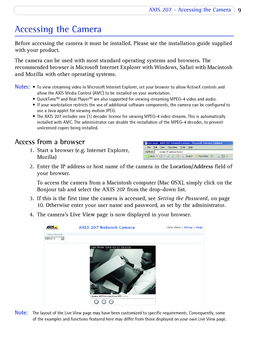 Axis Communications 207 user manual Accessing the Camera, Access from a browser 