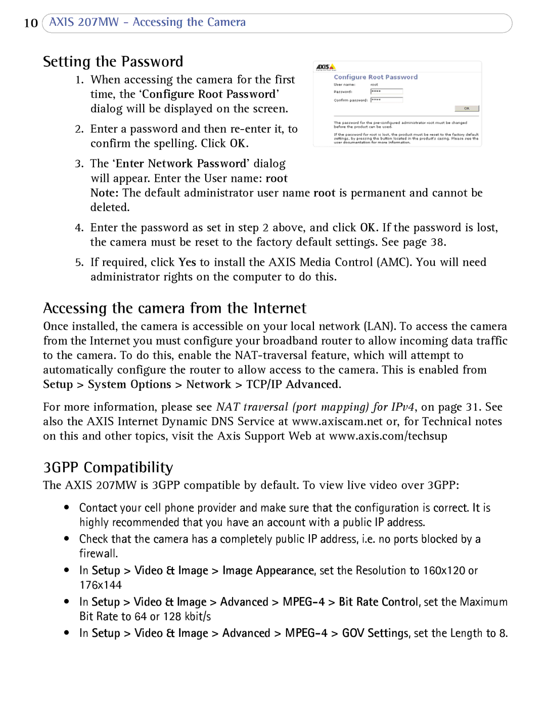 Axis Communications 207MW user manual Setting the Password, Accessing the camera from the Internet, 3GPP Compatibility 