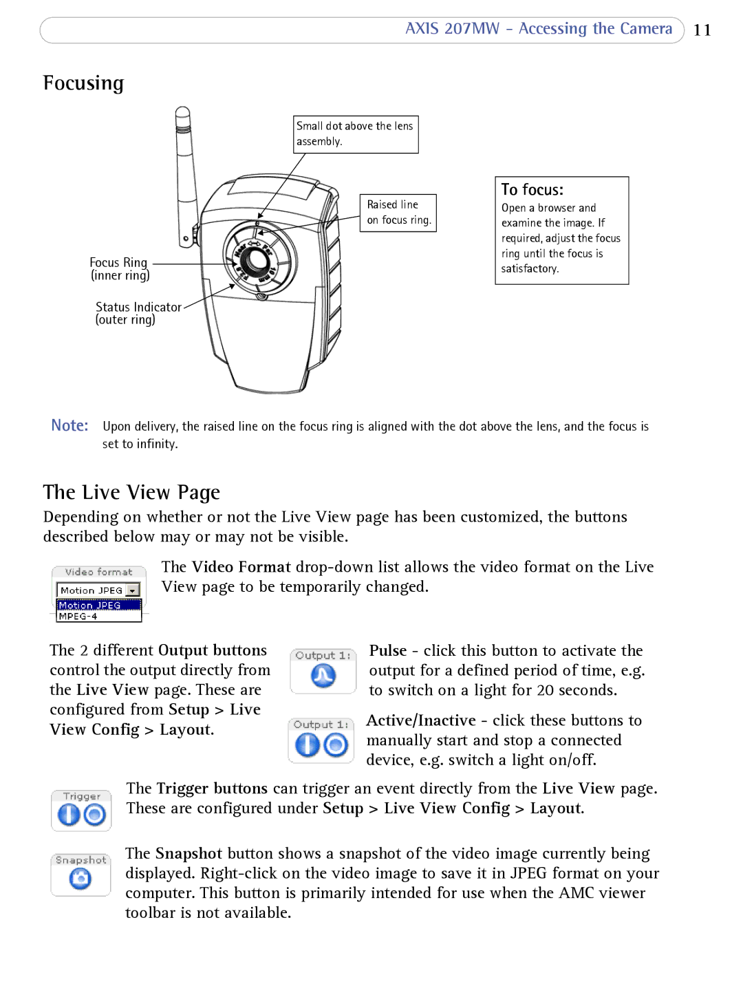 Axis Communications 207MW user manual Focusing, Live View, To focus 