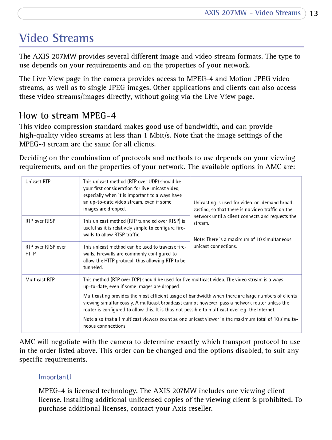 Axis Communications 207MW user manual Video Streams, How to stream MPEG-4 