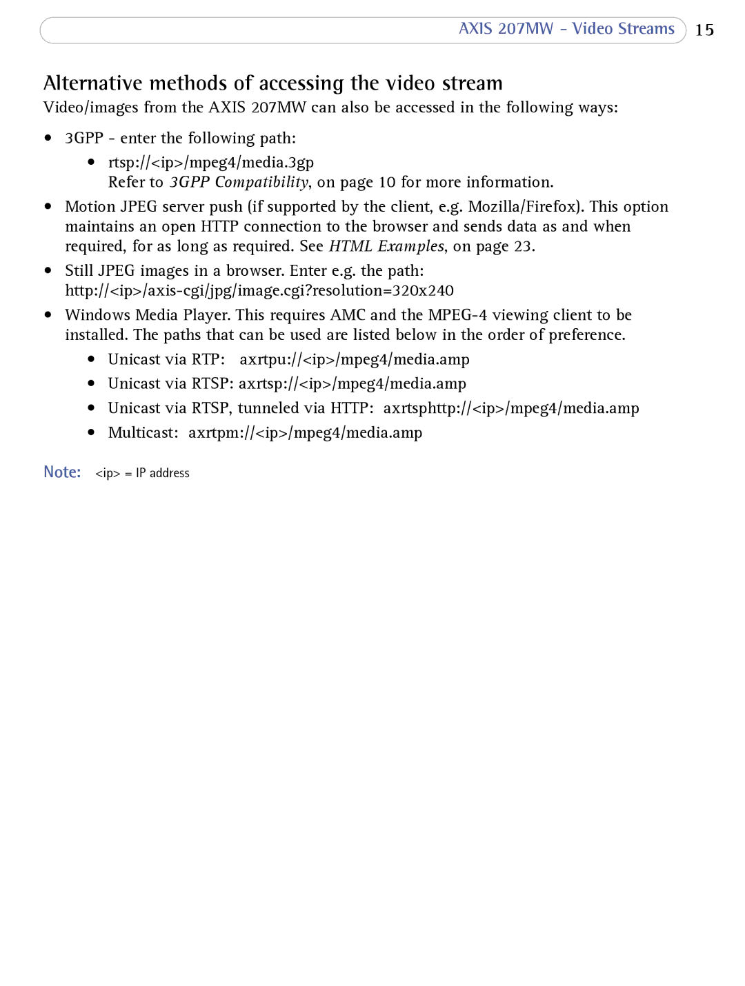 Axis Communications 207MW user manual Alternative methods of accessing the video stream 