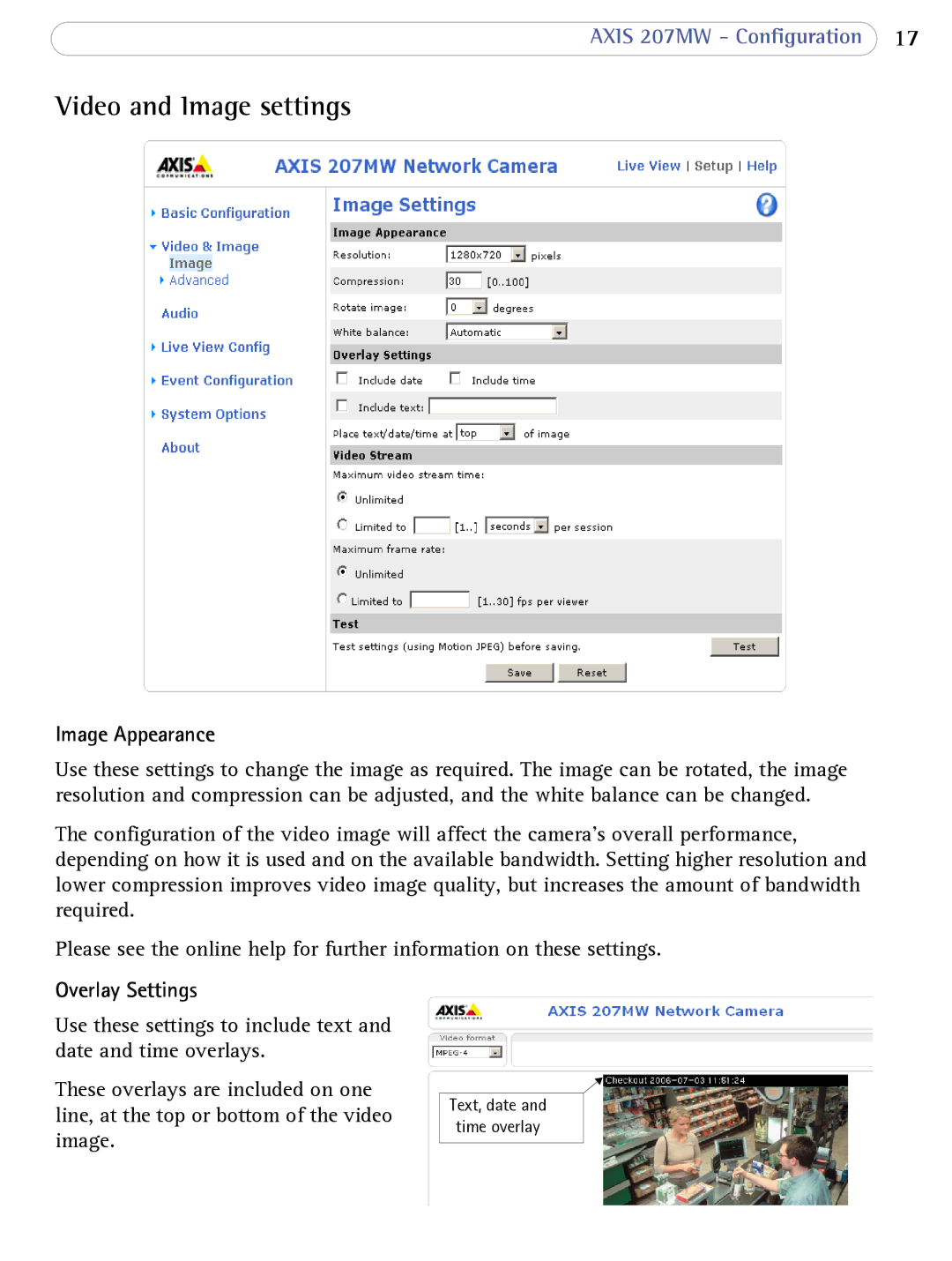 Axis Communications 207MW user manual Video and Image settings, Image Appearance, Overlay Settings 