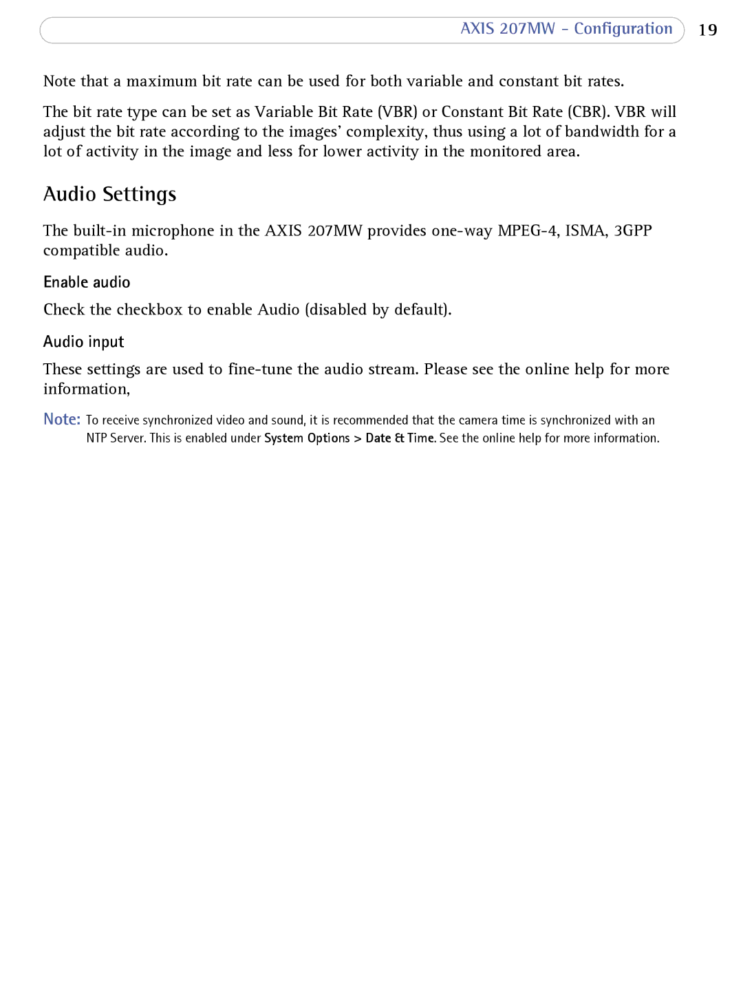 Axis Communications 207MW user manual Audio Settings, Enable audio, Audio input 