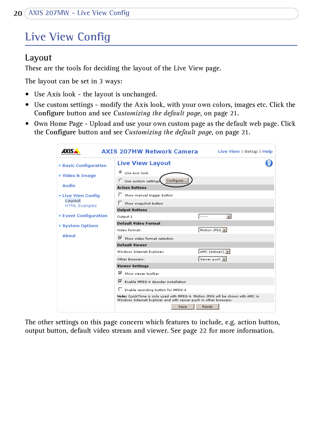 Axis Communications 207MW user manual Live View Config, Layout 