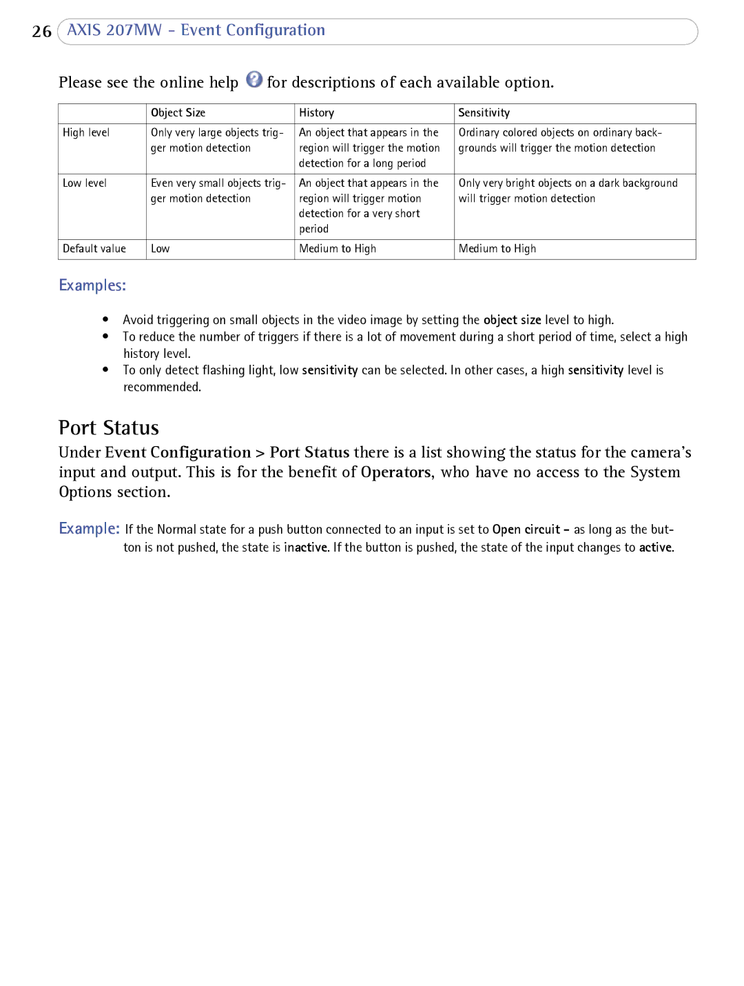 Axis Communications 207MW user manual Port Status, Object Size History Sensitivity 