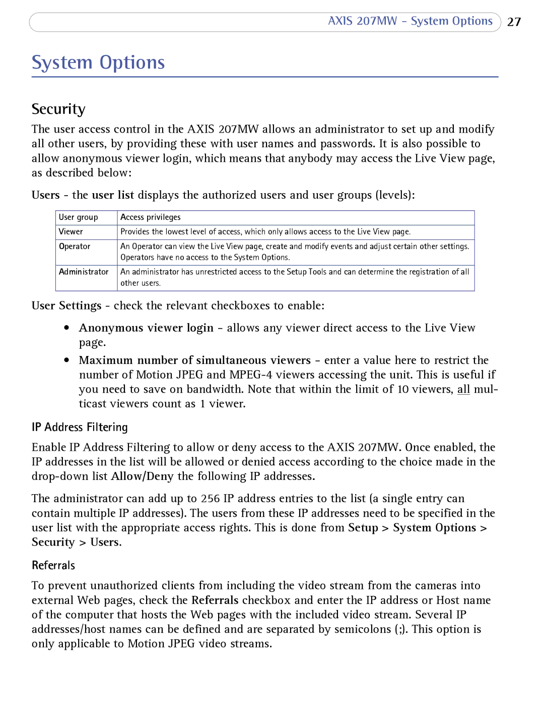 Axis Communications 207MW user manual System Options, Security, IP Address Filtering, Referrals 