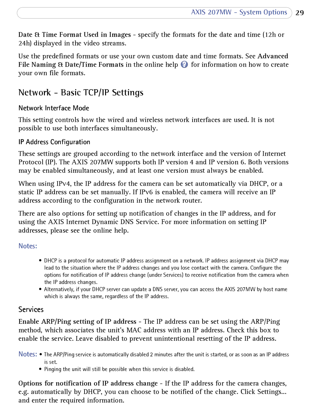 Axis Communications 207MW user manual Network Basic TCP/IP Settings, Network Interface Mode, IP Address Configuration 