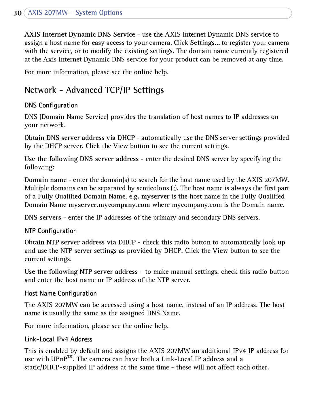 Axis Communications 207MW Network Advanced TCP/IP Settings, DNS Configuration, NTP Configuration, Host Name Configuration 