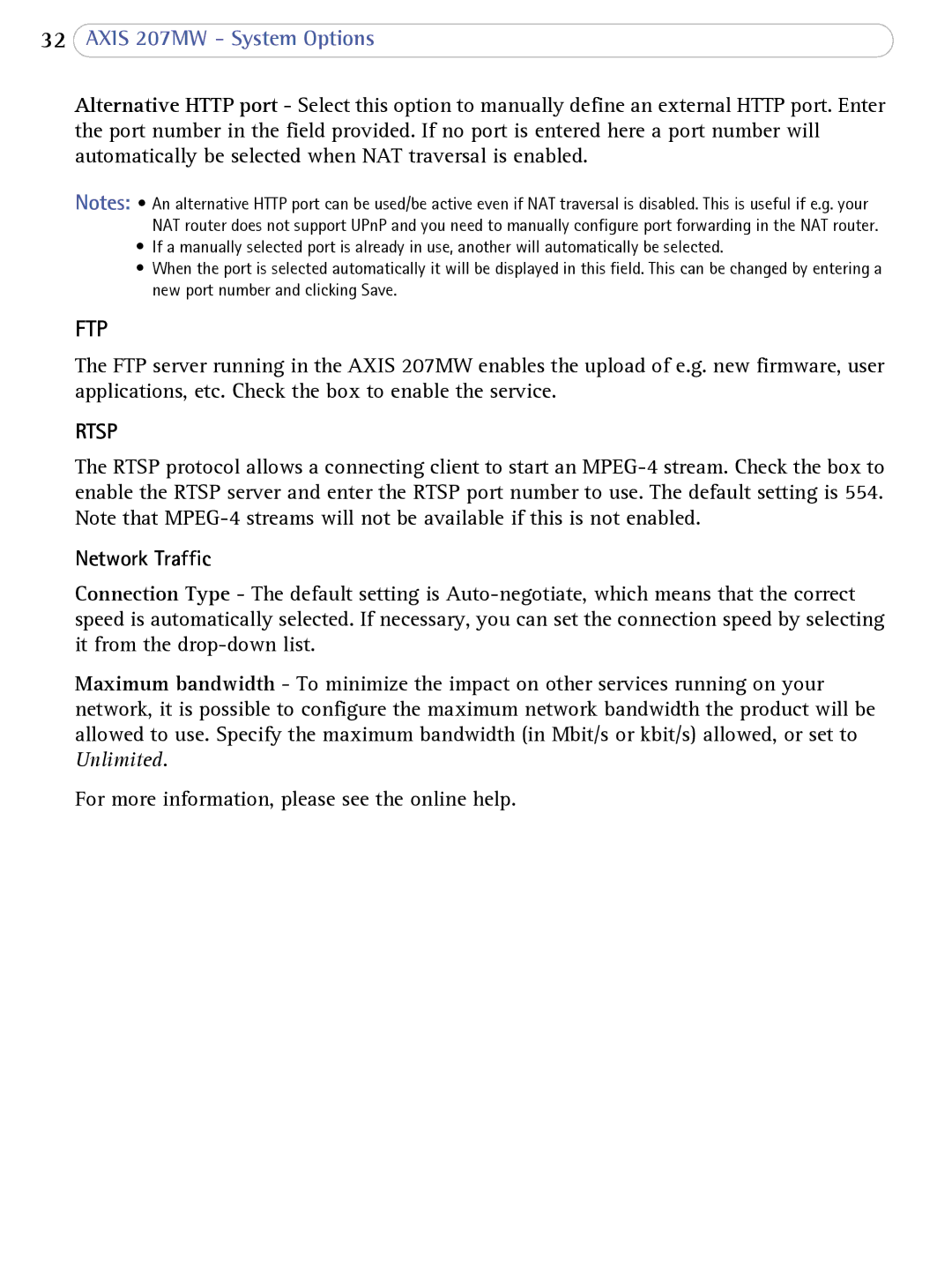 Axis Communications 207MW user manual Ftp, Network Traffic 