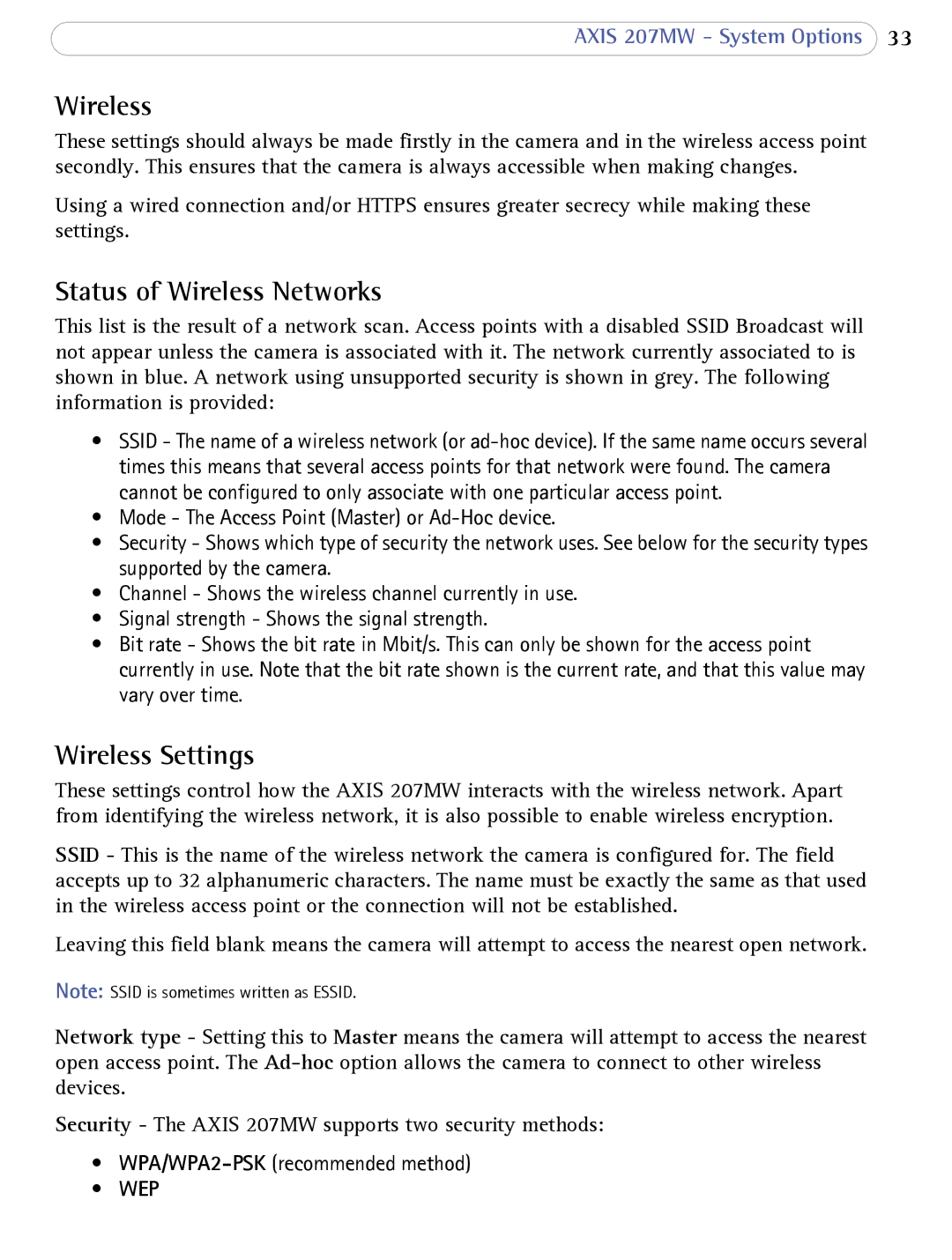 Axis Communications 207MW user manual Status of Wireless Networks, Wireless Settings 