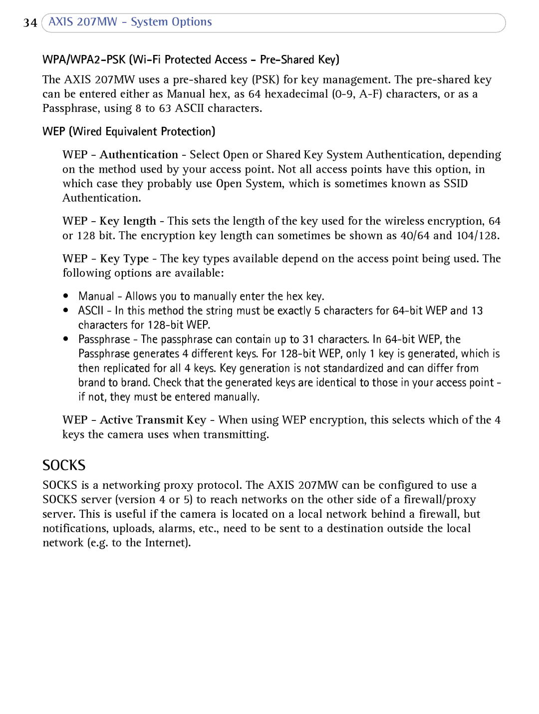 Axis Communications 207MW user manual WPA/WPA2-PSK Wi-Fi Protected Access Pre-Shared Key, WEP Wired Equivalent Protection 