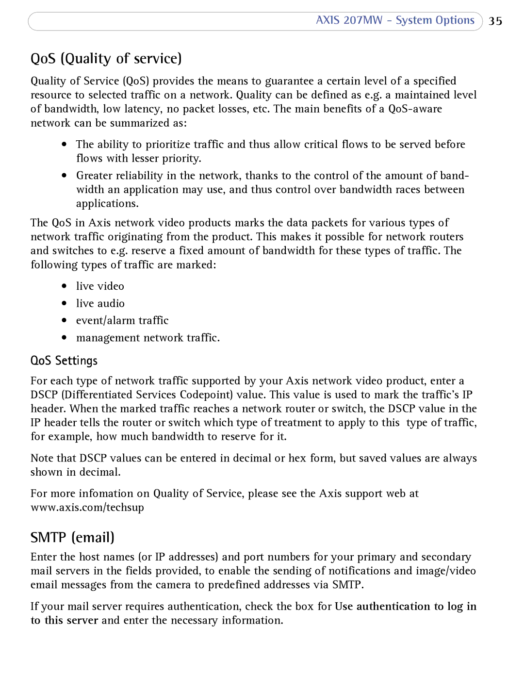 Axis Communications 207MW user manual QoS Quality of service, Smtp email 