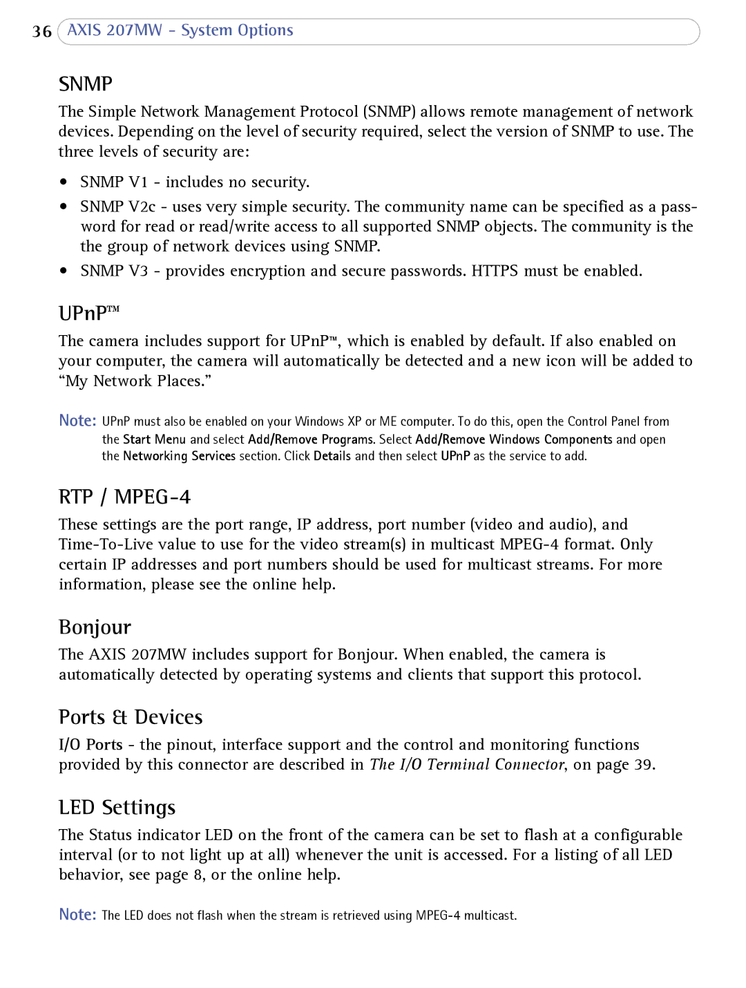 Axis Communications 207MW user manual UPnP, Bonjour, Ports & Devices, LED Settings 