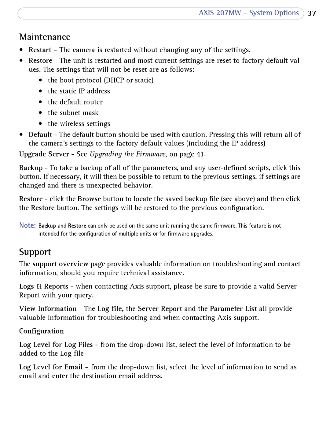 Axis Communications 207MW user manual Maintenance, Support, Configuration 