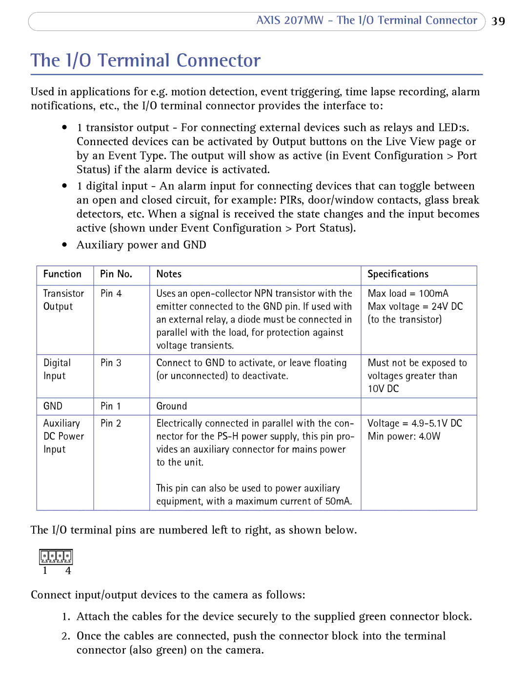 Axis Communications 207MW user manual I/O Terminal Connector, Function Pin No Specifications 