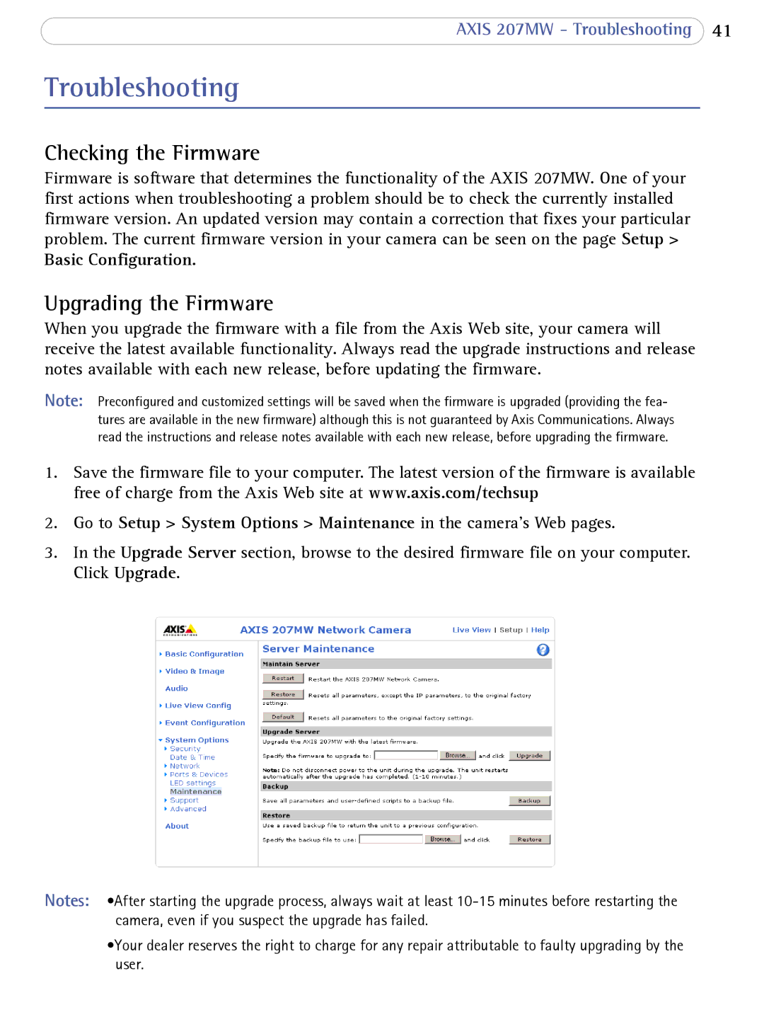 Axis Communications 207MW user manual Troubleshooting, Checking the Firmware, Upgrading the Firmware, Basic Configuration 