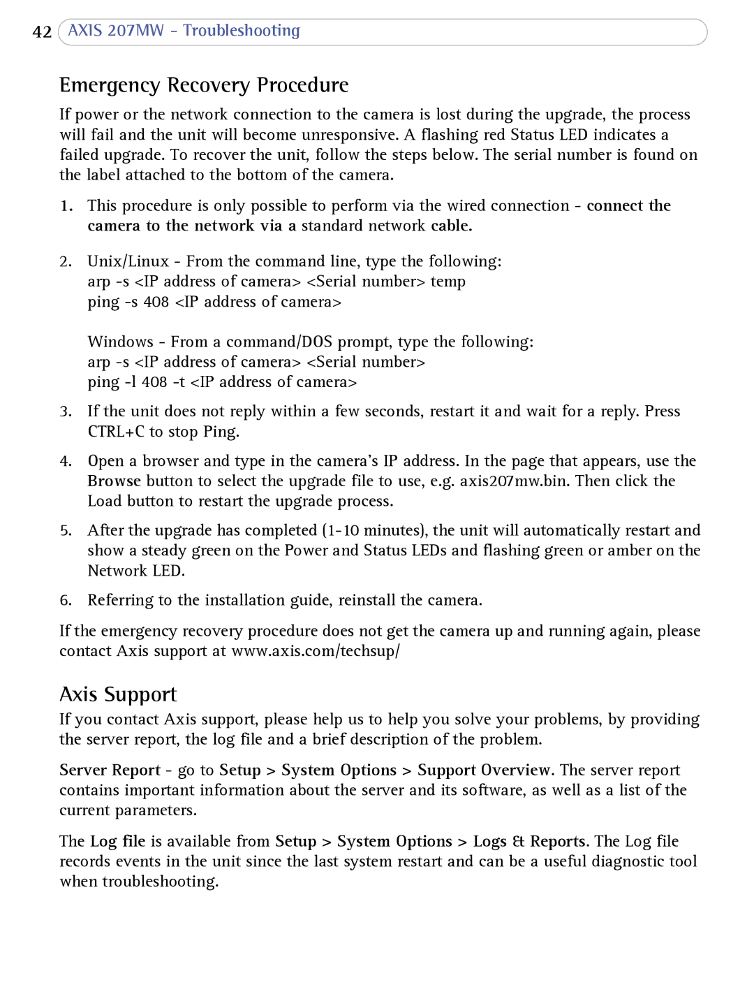 Axis Communications 207MW user manual Emergency Recovery Procedure, Axis Support 