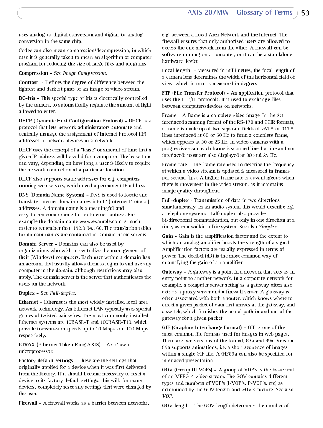 Axis Communications 207MW user manual Compression See Image Compression 