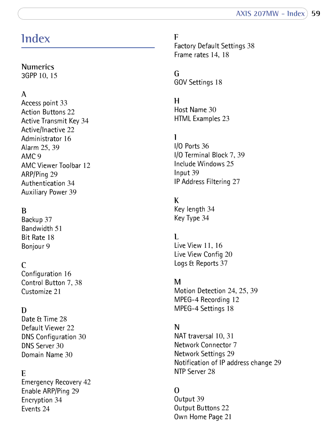 Axis Communications 207MW user manual Index, Numerics 