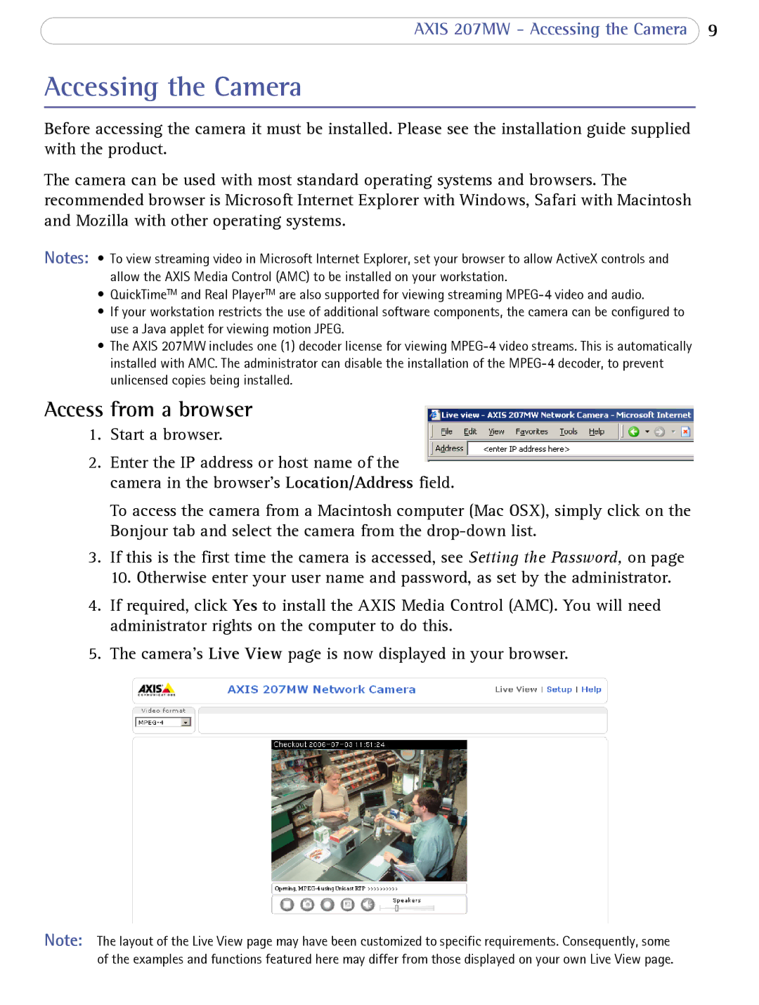 Axis Communications 207MW user manual Accessing the Camera, Access from a browser 