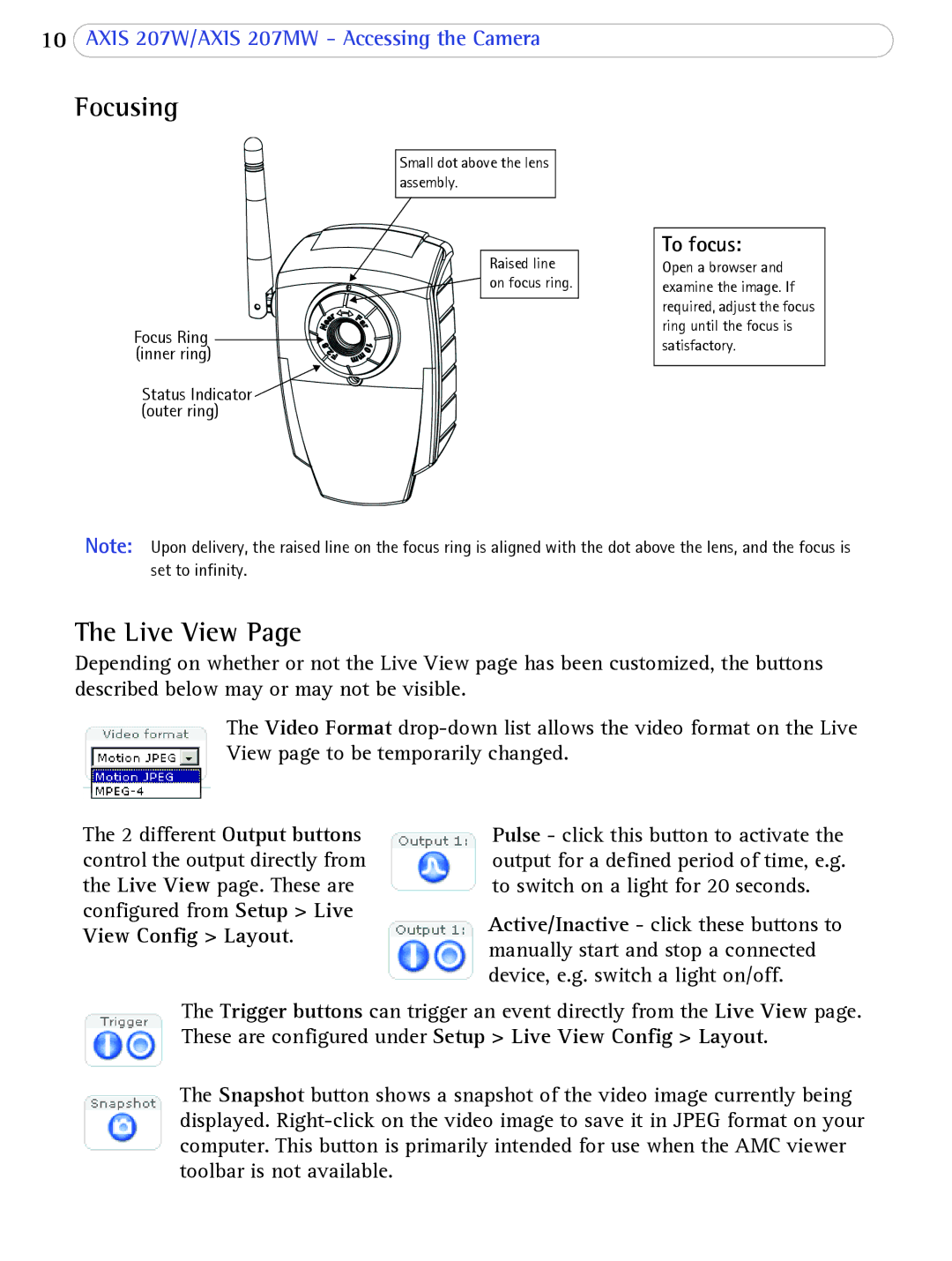 Axis Communications 207W user manual Focusing, Live View, To focus 