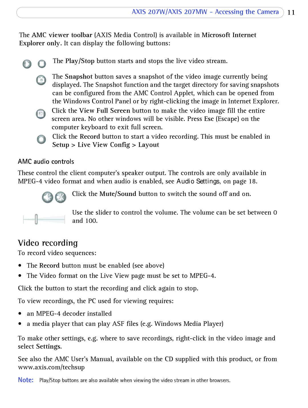 Axis Communications 207W user manual Video recording, Setup Live View Config Layout AMC audio controls 