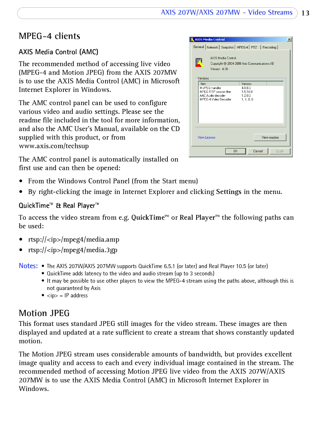 Axis Communications 207W user manual MPEG-4 clients, Motion Jpeg, Axis Media Control AMC, QuickTime & Real Player 