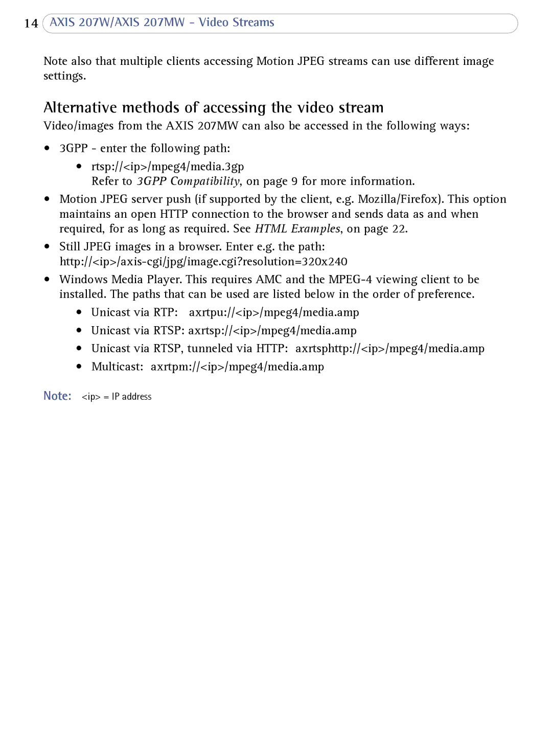 Axis Communications 207W user manual Alternative methods of accessing the video stream 